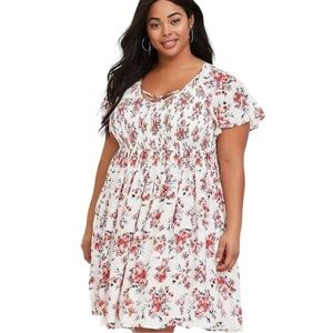 Torrid White & Red Floral Smocked Challis Skater Dress